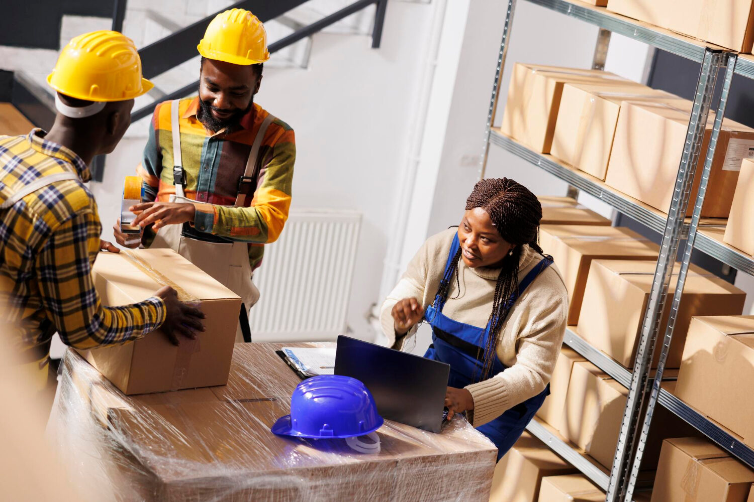 Warehouse worker using a pallet jack to load boxes into a delivery van