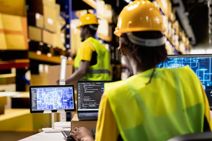 Warehouse staff reviewing stock on a laptop next to packed boxes